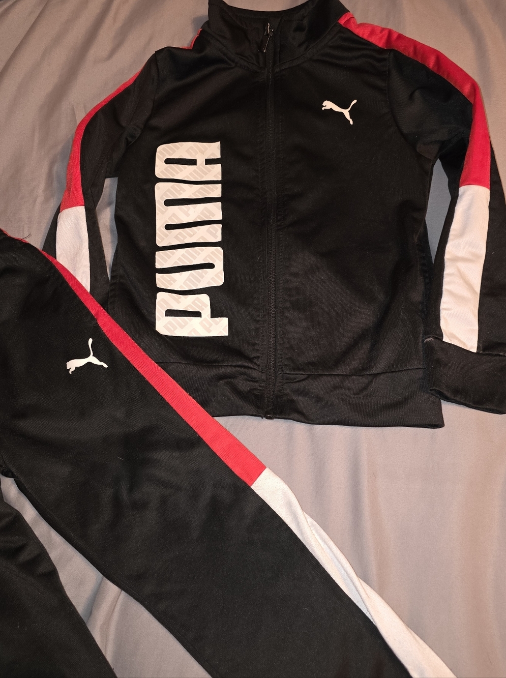Puma Black Track Jacket and Pants with Red and White Accents Kids 6